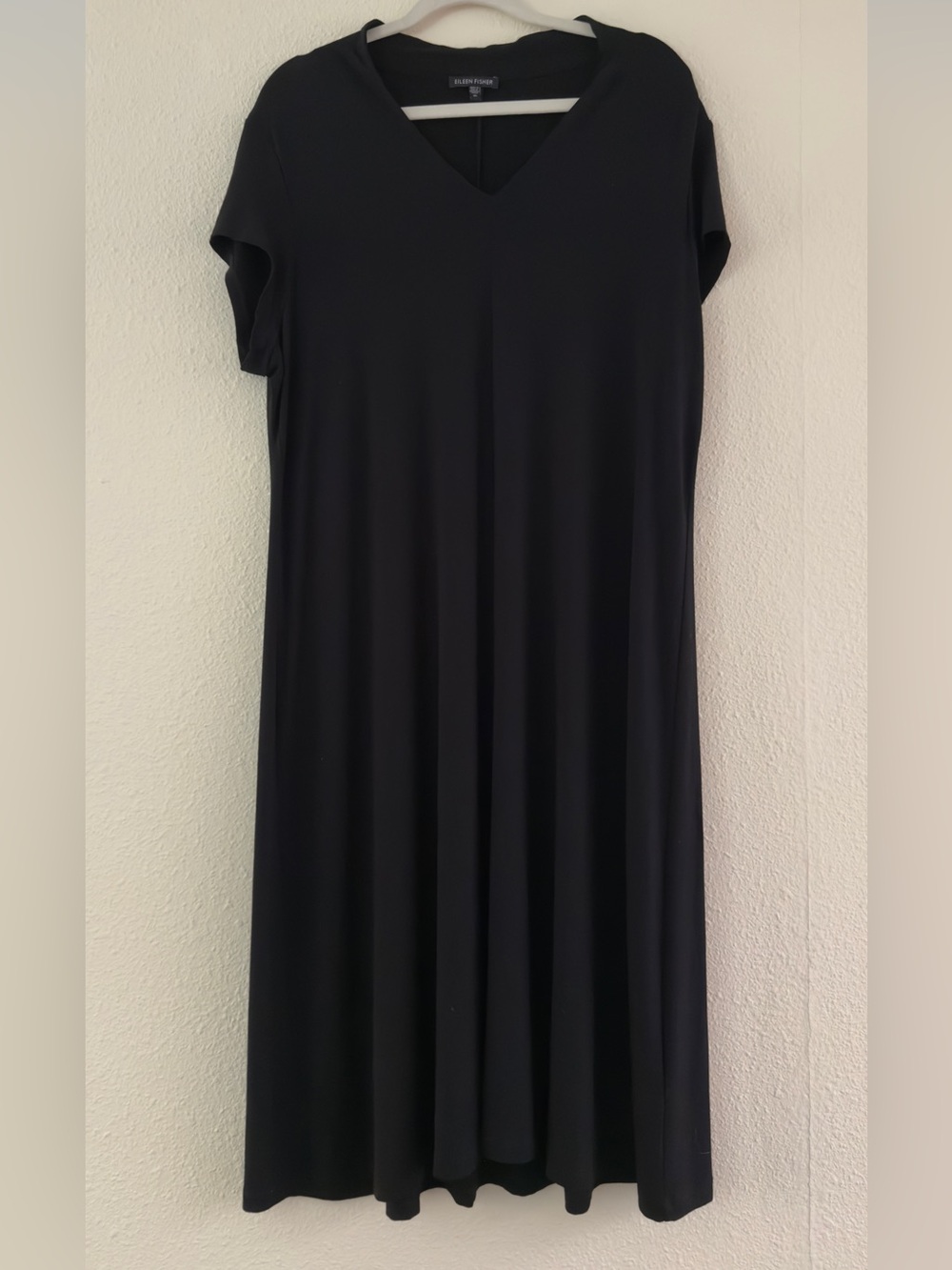 Eileen Fisher Drape V-neck Lightweight Viscose Jersey Dress Black - Picture 2 of 8
